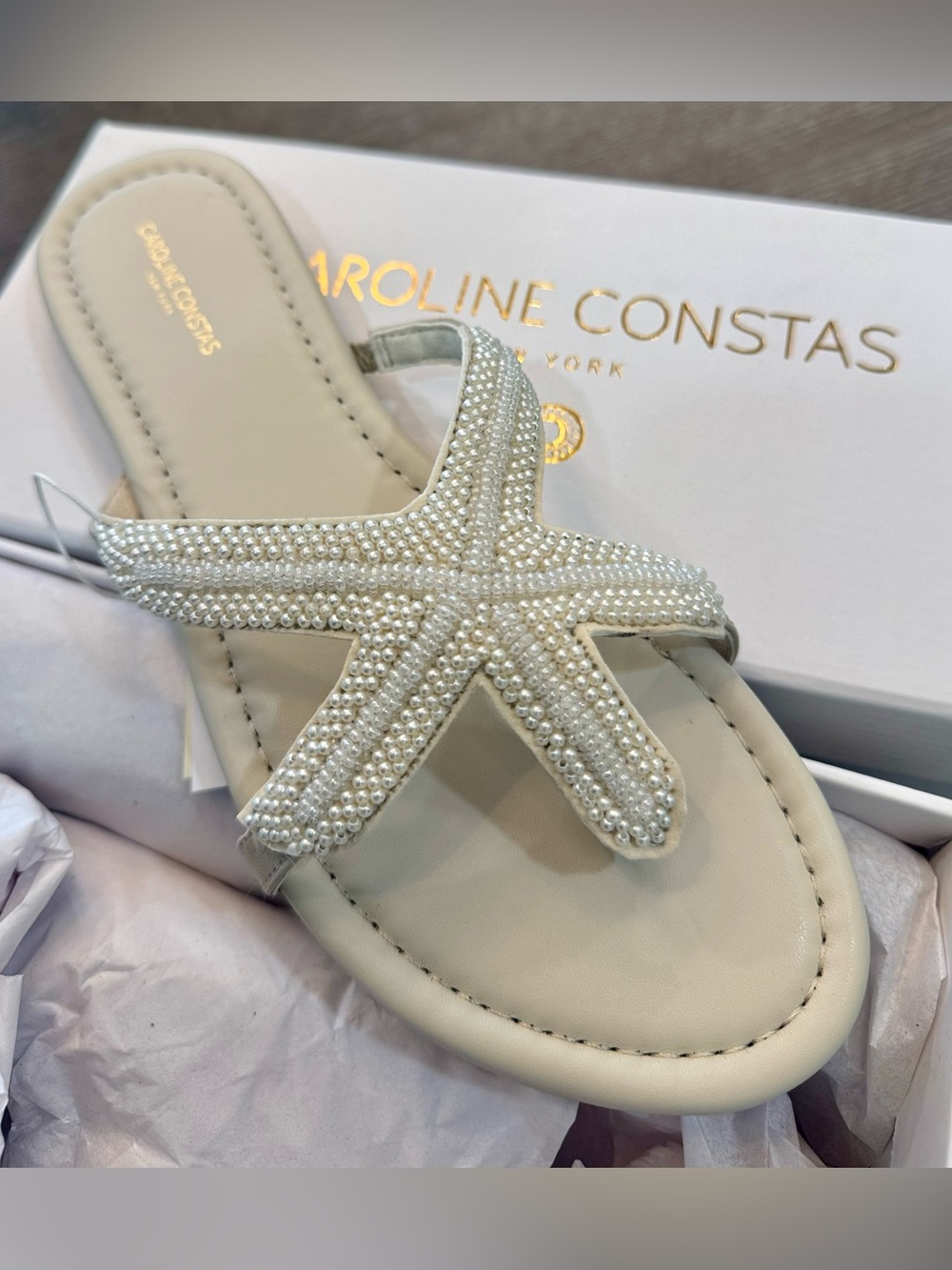 Caroline Costas Beaded White Starfish Slide Sandal — Women's